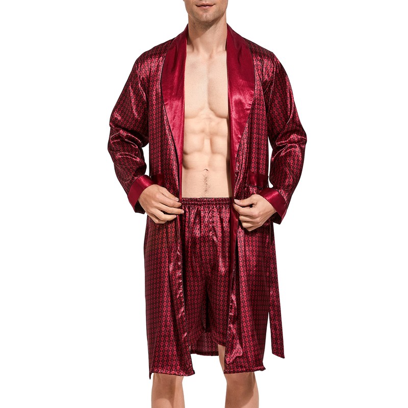 Men's Satin Bathrobe, Lightweight Silk Long Sleeve Bathrobe with Shorts
