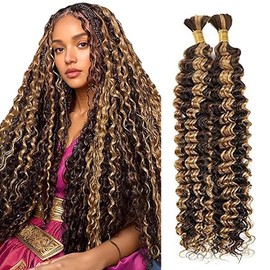 Jucames Real Hair Wefts, Deep Wave Human Braiding Hair Extension, Unprocessed Remy Hair Wefts, No Weft, Highlight Blonde Colour for Women, 20 20 Inches