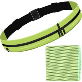 Angel's Closet Running Pouch, Cooling Towel Included, No Shaking, Amazing Fit, Waterproof, Sweat Proof, Large Capacity, 2 Separate Pockets, Marathon, Waist Pouch, Jogging, Smartphone Holder, Walking, Smartphone Pouch, Stretch Material, Elastic Belt, Lightweight, Men's, Women's, Lemon Yellow (Cooling Towel Included)
