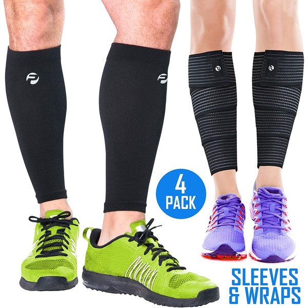 Calf Compression Sleeves and Leg Wraps (4 Piece) Shin Splint Support, Calve Guards for Men and Women - Braces Provide Healthy Circulation Pain Relief for Running, Basketball, Cycling, Maternity
