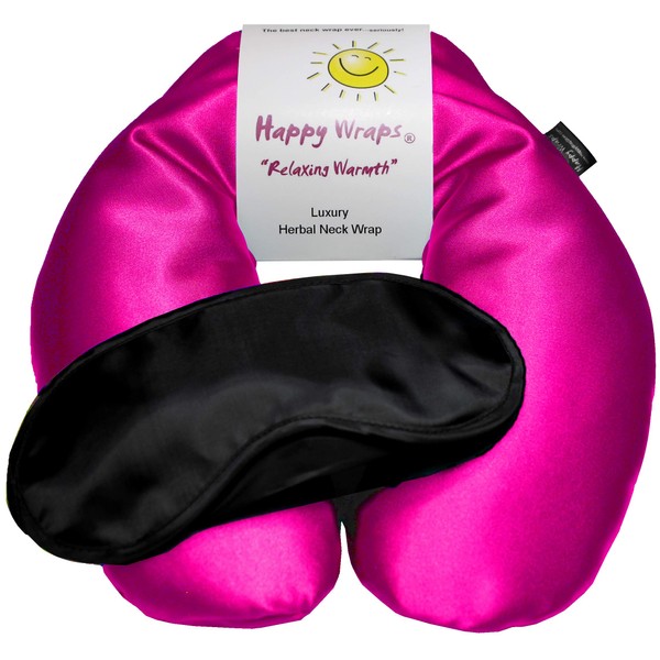 Happy Wraps Microwavable Herbal Neck Wrap - Hot Cold Aromatherapy Neck Warming Pillow - Heating Pad for Migraines, Stress, Gifts for Women, Birthdays, Christmas and Free Sleep Mask - Hot Pink