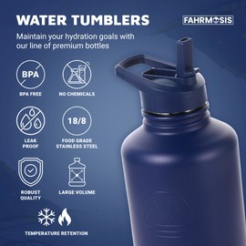 FAHRMOSIS 64 Oz Insulated Water Bottle with Strap Stainless Steel Sports Water Bottle with 3 Lids (Straw, Chug and Flip Lid) Leak Proof Metal Half Gallon Jug for Men & Women - Navy Blue