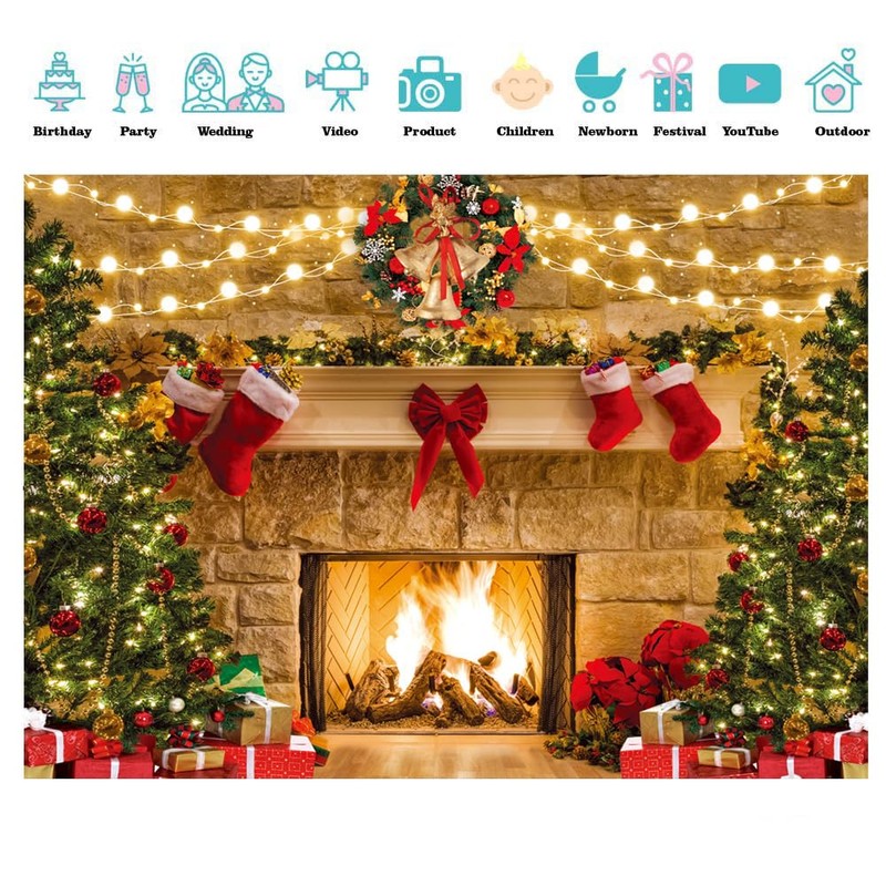 SJOLOON Christmas Backdrop Fireplace Photo Background with Christmas Tree for
