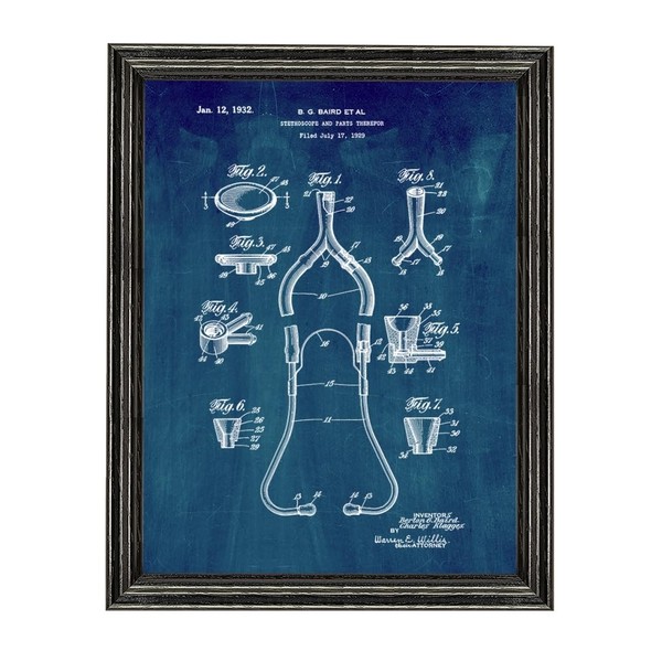 Stethoscope Patent Art Midnight Blue Print in a Black Wood