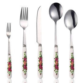 ESYFOR Cutlery Set, 5 Pieces Stainless Steel Cutlery Set, Highly Polished, Elegant Floral Pattern, Cutlery Fork, Spoon, Dishwasher Safe for Family, Party, Restaurant