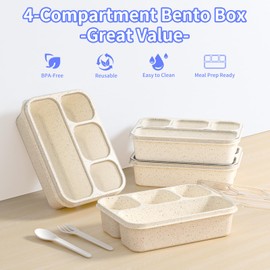 Bento Box 5-Pack, 4-Compartment Lunch Box for Women, Men & Kids, BPA-Free Wheat Straw Snack Containers, Ideal for Meal Prep, Travel, School, Work (White)