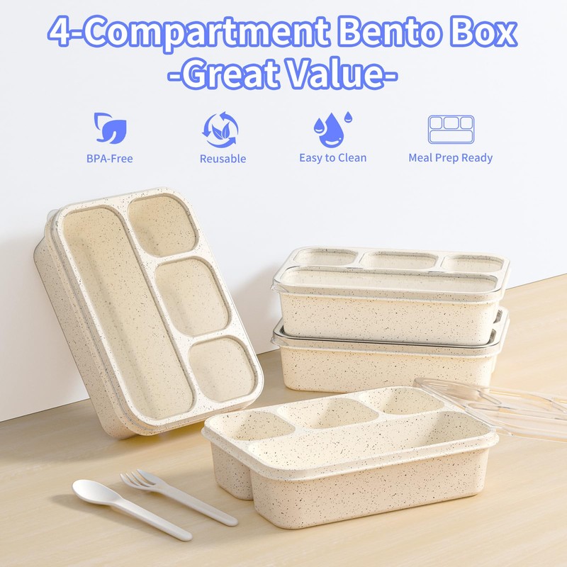Bento Box 5-Pack, 4-Compartment Lunch Box for Women, Men &