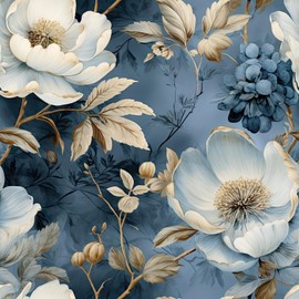 COKCOKR Floral Wallpaper,17.71"x236.2" Peel and Stick Vintage Dark Blue/Gray/White Flower Wallpaper Removable Boho Wall Paper for Bedroom Bathroom Renter Floral Contact Paper for Cabinet