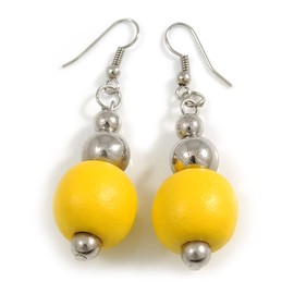 Yellow Painted Wood and Silver Acrylic Bead Drop Earrings - 55mm L