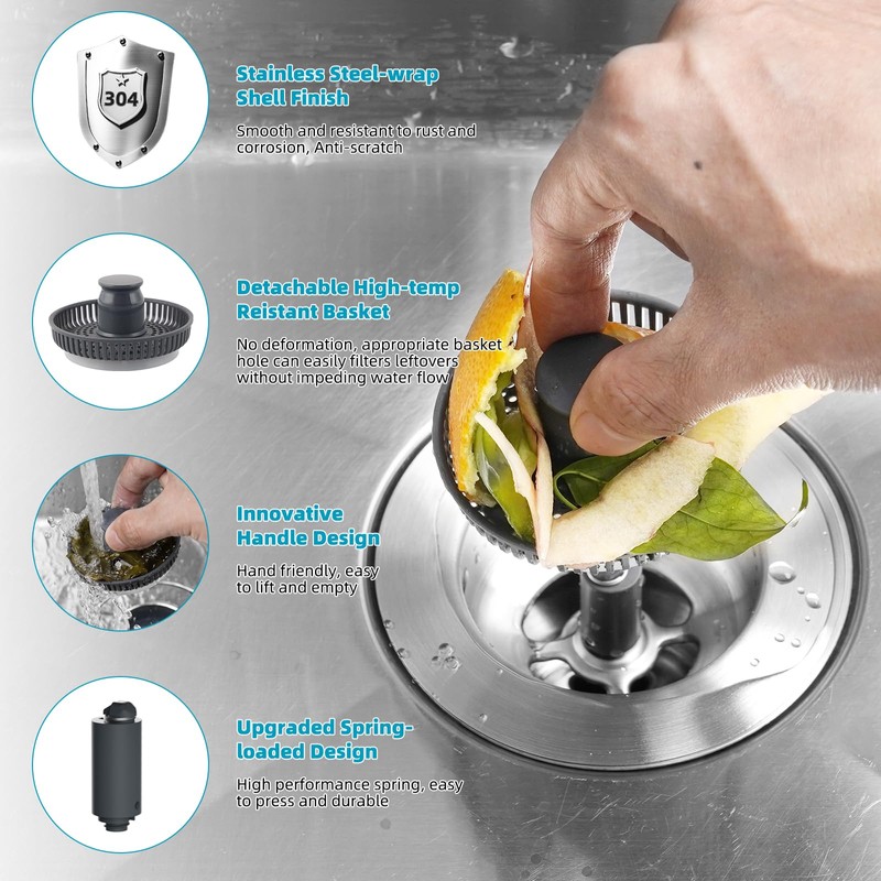 Hibbent 3 in 1 Kitchen Sink Drain Strainer, Stainless Steel