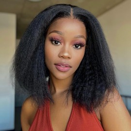 Fereowth 13x4 Lace Front Wig Yaki Kinky Straight Human Hair Wigs, 14Inch Afro Kinky Bob Wig 180% Density Pre Plucked 100% Brazilian Hair Glueless Wigs for Women