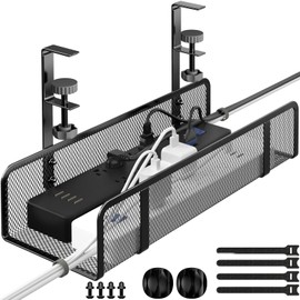 Under Desk Cable Management Tray, Wire Management Desk Cable Organizer Cable Management Box, Cord Organizer Under Desk Storage Cable Raceways for Office, Home - No Damage to Desk No Drill