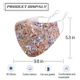 Sparkly Sequins Mouth Masc Fashion Designer Glitter Cotton Face Cover With Adjustable Ear Loops Reusable Masquerade Party Nightclub Rave Festival Sequins Face Covering (Mixed color gold)