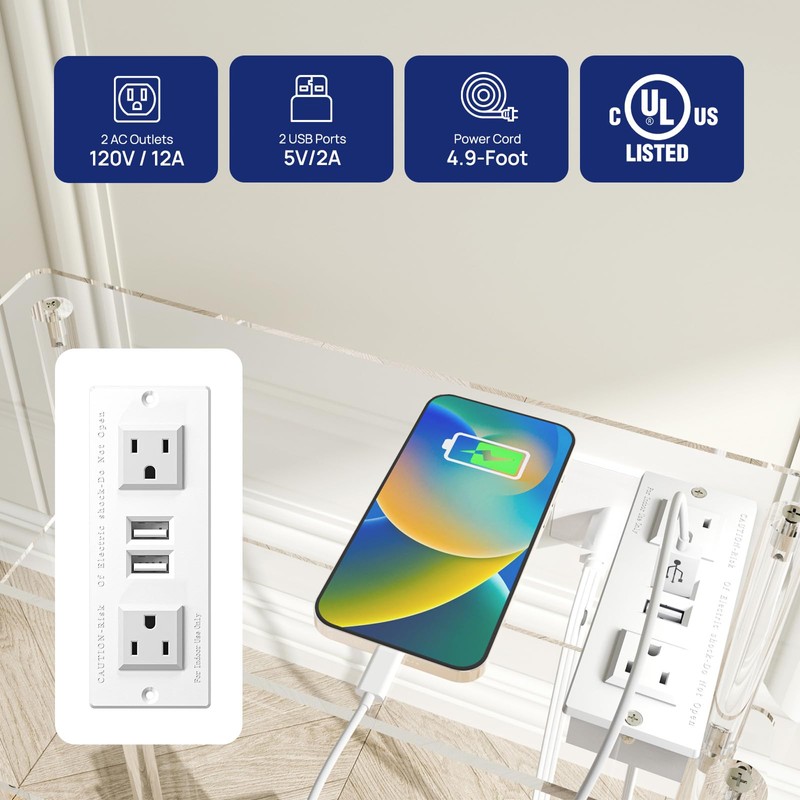 HMYHUM Acrylic Narrow Side Table with Charging Station, 7" Width,