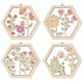 HOURIA 4 PCS Boho Flower Wall Art,Watercolor Wildflower Wooden Wall Hanging Decor for Living Room,8"*10" Inches Pink Beige Aesthetic Wood Wall Hanging,Botanical Floral Wall Art for Apartment Bedroom