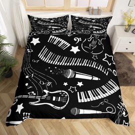 Manfei Kids Music Duvet Cover Set Queen Size, Guitar Microphone Piano Key Comforter Cover with 2 Pillowcases, Musical Notes Bedding Set 3pcs for Boys Girls Room Decor Black and White Bedspread Cover