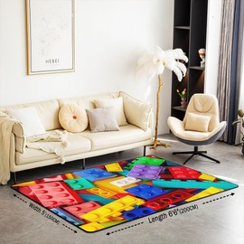 Erosebridal 3D Brick Area Rug 5x7, Colorful Construction Rug for Kids Boys Girls, Rainbow Building Blocks Carpet Funny Geometric Rectangle Washable Indoor Floor Mat for Living Room