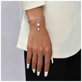 Yheakne Boho Heart Finger Bracelet Silver Slave Bracelet Vintage Pearl Finger Chain Bracelet Summer Ring Bracelet Everyday Bracelet Hand Chain Jewelry for Women and Girls