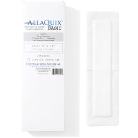 AllaQuix Basic Sterile Gauze Island Dressing 4"x14" Adhesive Border Pads (25 Count) – Extra-Large Non-Stick Wound Dressing for Surgical Aftercare, Long Incisions, First Aid, and Light Draining Wounds