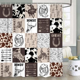 DYNH Geometric Grid Shower Curtain,Brown Plaid Bull Skull Horse Arrow Print Bathtub Curtain,Western Cowboy Vintage Wild Country Farmhouse Bathroom Decor with 12PCS Hooks,69X70 in