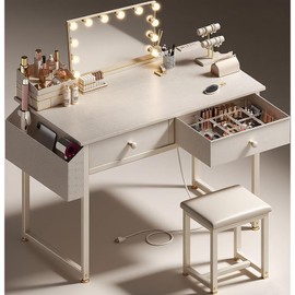 KAI-ROAD White Makeup Vanity Desk No Mirror with Chair, Small Vanity Table Set with Fabric Drawers, Power Outlet & Chair Without Mirror, Modern Make Up Desk for Girls Bedroom