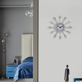 Quickway Imports Decorative 3D Cutlery Utensil Spoon and Fork Wall Clock for Kitchen, Playroom or Bedroom, Silver