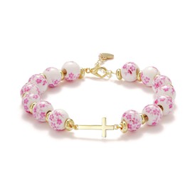 Cross Bracelet for Women,Jesus Christian Gifts Gold Beaded Dainty Link Chain Bracelet Adjustable Pink Porclain Flower Ceramic Bracelet Heart Vintage Jewelry for Her(Pink)