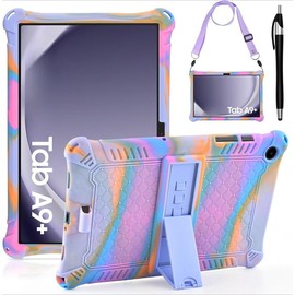 Compatible with Tab A9 Plus Case 11 Inch 2023, with Shoulder Strap & Stylus Pen, Soft Silicone Multi-Angle Case for Tab A9+ Tablet SM-X210/X216/X218, Rose Red & Purple