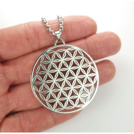 Ann Claridge Large Flower of Life Necklace, 20" Stainless Rolo Chain with Antiqued Zinc Alloy Sacred Geometry Symbol Pendant Medallion