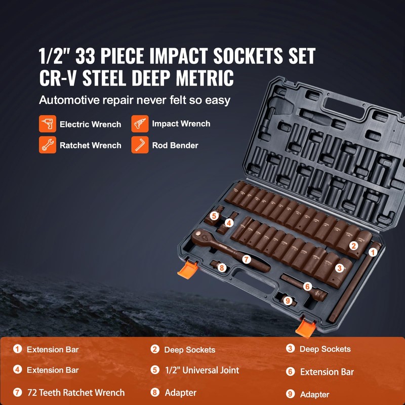 VEVOR Impact Socket Set 1/2" Drive, 33-Piece SAE (3/8 to