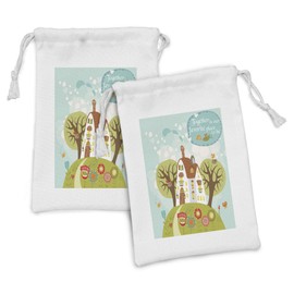 Ambesonne Cartoon Fabric Pouch Set of 2, House and Nature with Together is Our Place to Be Typography Print, Small Drawstring Bag for Toiletries Masks and Favors, 9" x 6", Multicolor