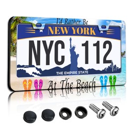 I'd Rather Be at The Beach Palm Tree License Plate Frame,Hawaii Flip Flops License Plate Holder Rust-Proof Waterproof Stainless Steel2 Hole License Plate Holder for Men Women 12x6 Inches