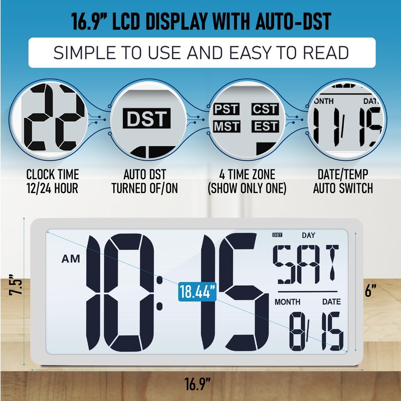 TXL 18.44" Large Digital Wall Clock with Backlight, Battery Operated