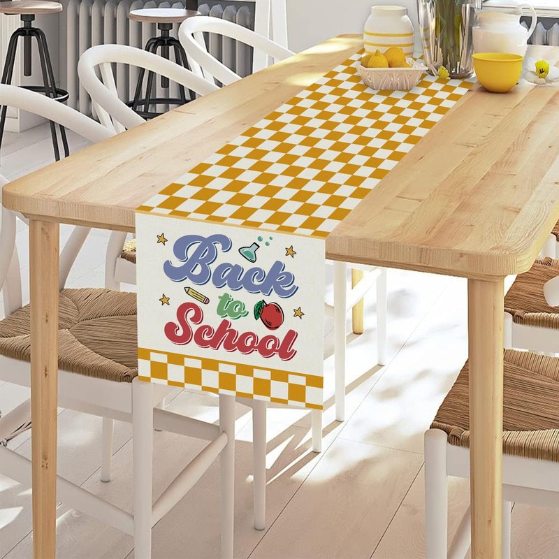 Back to School Table Runner Books Pencil Bufflo Plaid Table