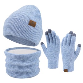 ZASFOU Women's Winter Beanie Hat Scarf Touchscreen Gloves Set Warm Winter Hat Loop Scarf Tube Scarf Winter Gloves Christmas Gift for Women, Light Blue