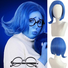 HUNIGIR Sadness Blue Bob Wig with Black Glasses Girls Blue Anime Wig Women Heat Resistant Synthetic Cosplay Costume Party Wig (Blue)