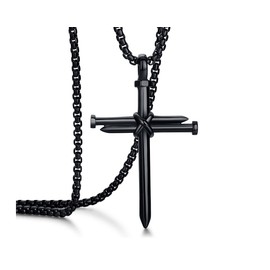Rehoboth Men's Stainless Steel Nail Cross Pendant Necklace for Boys Womens Mens With 24 Inch Chain Polished Black