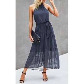 PRETTYGARDEN Women’s Casual Halter Neck Sleeveless Floral Long Maxi Dress Backless Loose Ruffle Sundress with Belt (Purple Grey,Medium)