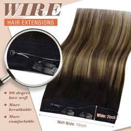 Sunny Wire Hair Extensions Real Human Hair Fish Line Human Hair Extensions Invisible Wire Extensions Natural Black Roots to Dark Brown with Caramel Brown Ombre #1B/4/27 12 Inch