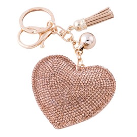 Soleebee Leather Love Heart Keychain Bling SS6 Premium Crystal Car Key Chain Bag Accessories Charm with Tassels (Champagne)