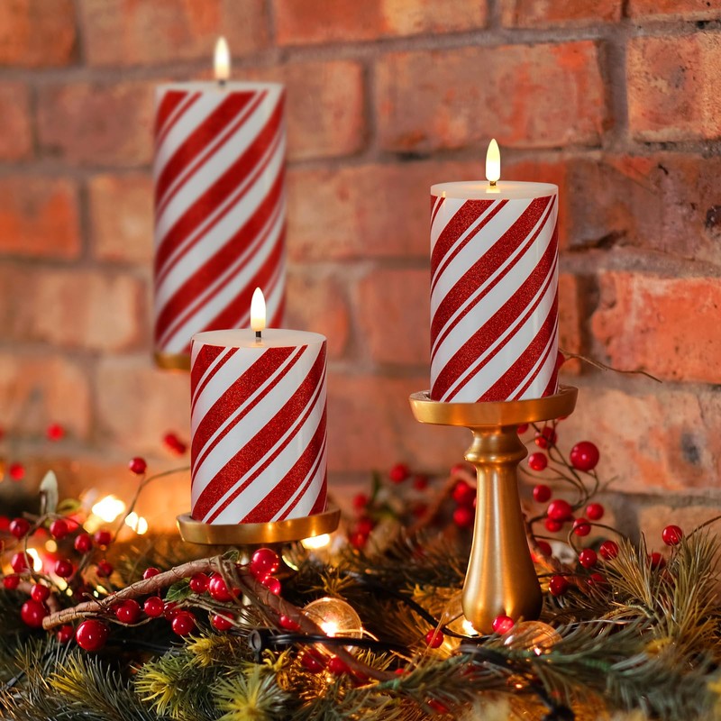 Yongmao Red Stripe Flameless Pillar Candles with Timer, Real Wax