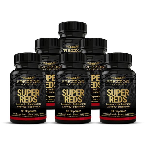 FREZZOR Super Reds Capsules with UAF1000+, All-Natural New Zealand Red Superfood Energy, Essential Red Fruits Veggies& Beets, Antioxidants, Enzymes, Energy Supplements, 540 Capsules, 6 Bottles