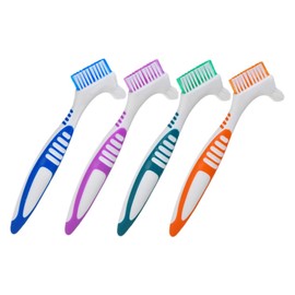 Vaguelly 4pcs Double Sided Denture Brush Ergonomic Design for Cleaning of False Teeth Soft Bristles Vibrant Colors for Daily Oral Hygiene
