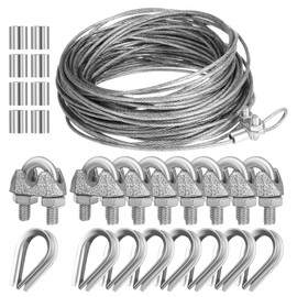 1/8" Wire Rope Kit - 50FT Steel Cable with Loop Sleeve, and Wire Rope Thimble - 7×7 Strands Aircraft Cable for Garden String Light Hanging, Yard Zipline, Deck Railing System