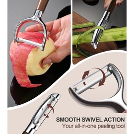 Y Potato Peelers with 304 Stainless Steel Swivel Blade, Premium Real Wood Handle Leather Strap, Apple Vegetable Peeler