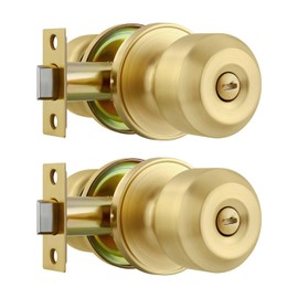 Leydebong - Juego de 2 pomos de puerta sin llave, manijas de puerta con cerradura y perilla, pomos interiores de latón satinado para recámara o baño
