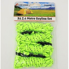 ESW LEISURE Guyline Ropes 4 Pack For Tents Awning Camping Strong Lightweight Paracord Guy Rope With Tensioner Guy Lines Fishing Umbrella Caravan Gazebo (Flourescent Green & Black, 2.4 Metre 4 Pack)