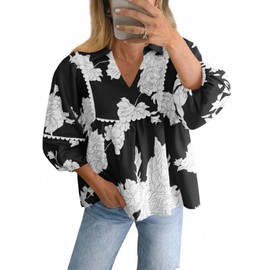 Tankaneo Womens Floral Peplum Babydoll Tops 3/4 Puff Sleeve Pleated Blouse Cute Casual V Neck Loose Fit Flowy Boho Shirts Black