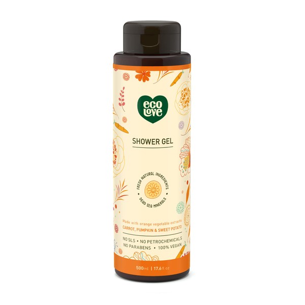 ecoLove - Natural Moisturizing Body Wash for Dry Skin - With Organic Carrot, Pumpkin and Sweet Potato - No SLS or Parabens - Vegan and Cruelty-Free Shower Gel, 17.6 oz