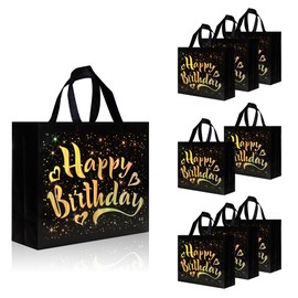 cabzymx 9 Pcs Black Birthday Gift Bags with Gold Shiny Stars, 12.6 x 4.7 x 11 In Reusable Gift Bags for Kids, Adults Birthday Party